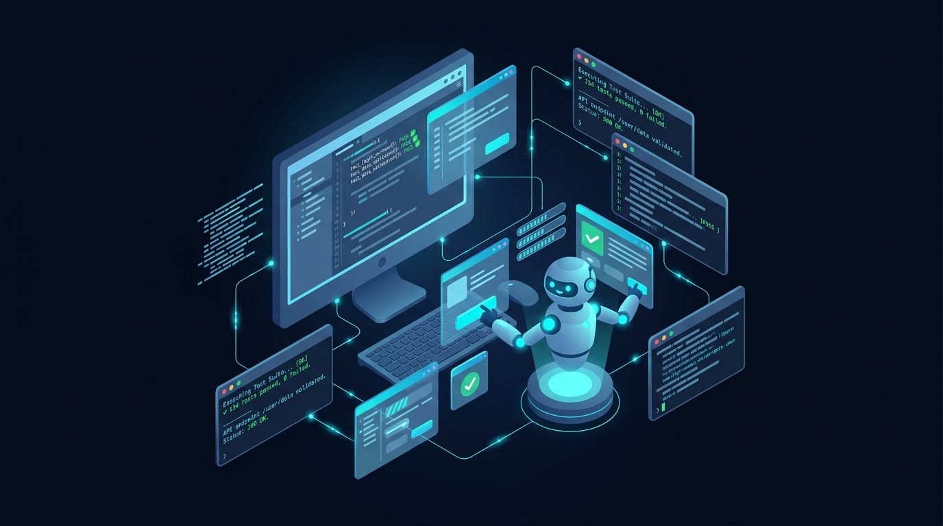 Illustration of an automation testing workstation with code editor, robot arm and passing test output