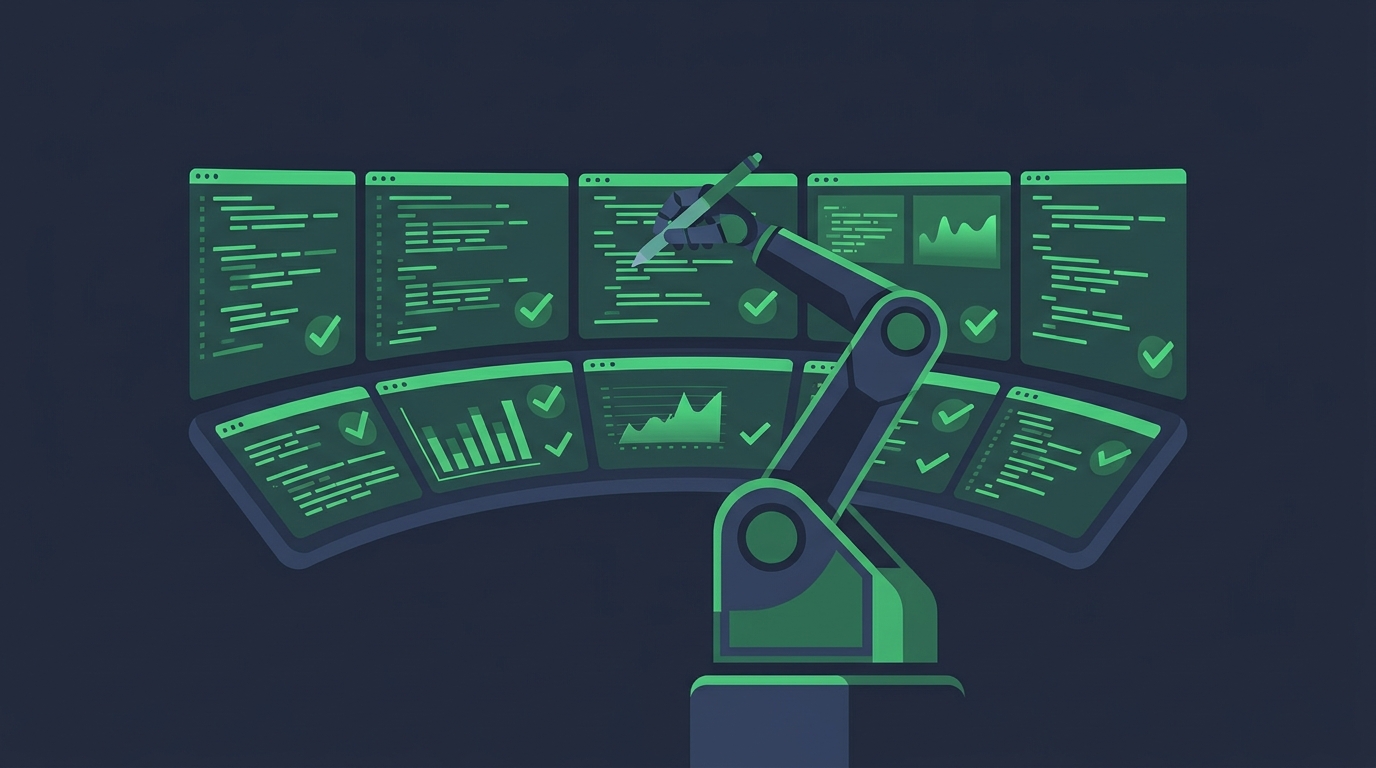 Illustration of a robot arm running test scripts across multiple screens with green check marks