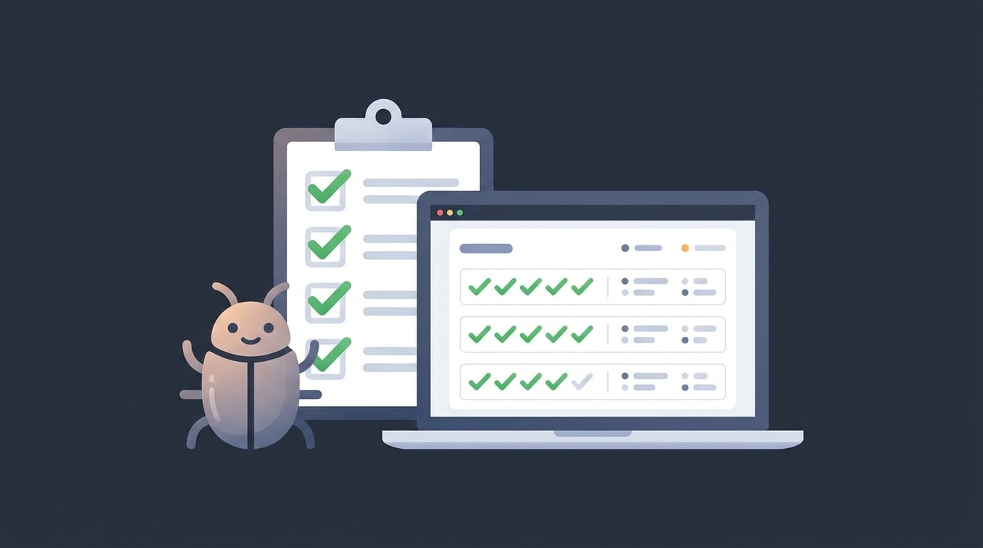 Illustration of a checklist and bug icon beside passing test results
