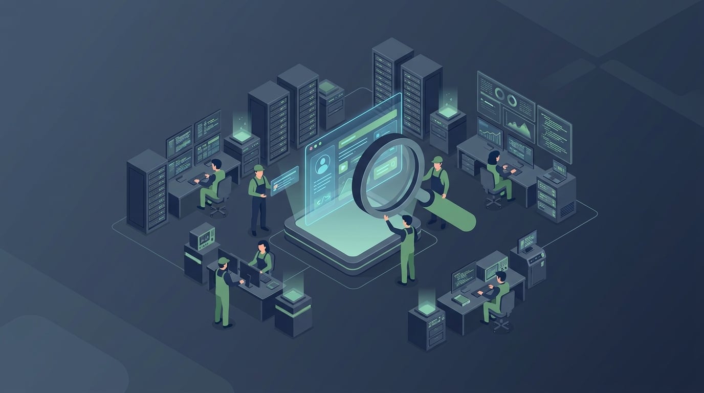 Illustration of a software quality lab with engineers inspecting an interface