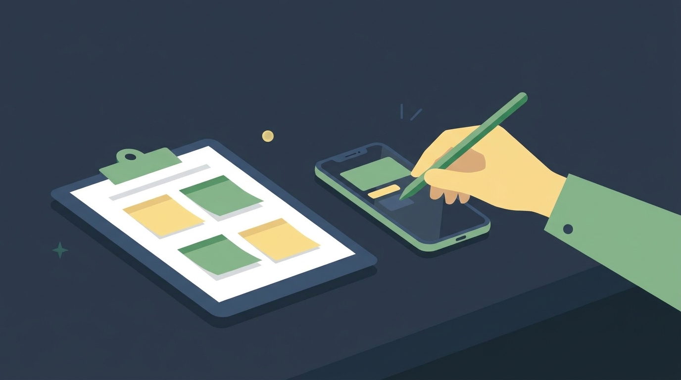 Illustration of a person hand-testing a mobile app with sticky notes and a clipboard