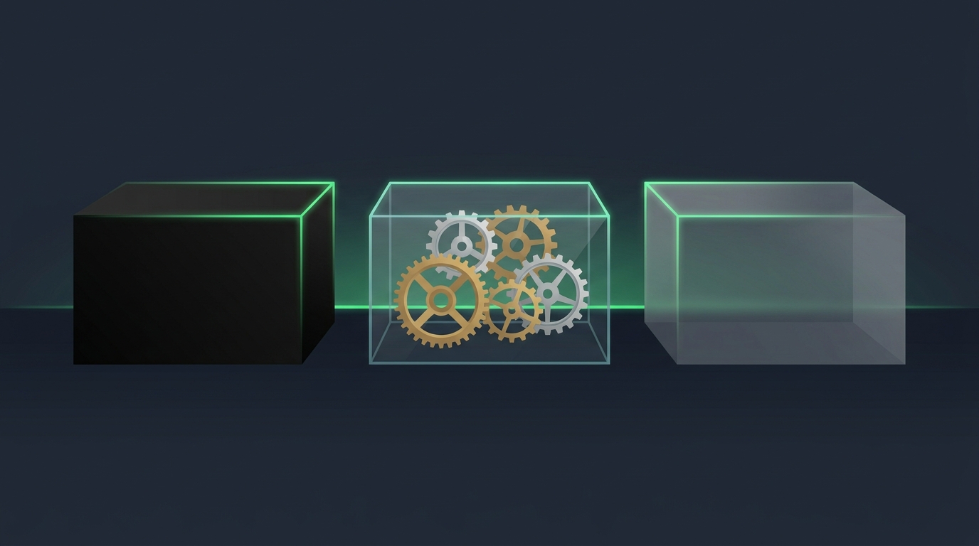 Illustration of a black box, a transparent box with gears, and a grey box side by side